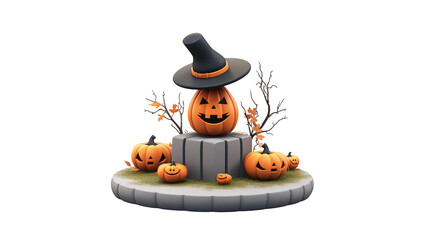 A halloween display featuring pumpkins, a witch hat, and decorative black tree branches isolated on transparent background