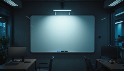 Fototapeta premium Empty whiteboard illuminated in modern office space with blurred video background ambience