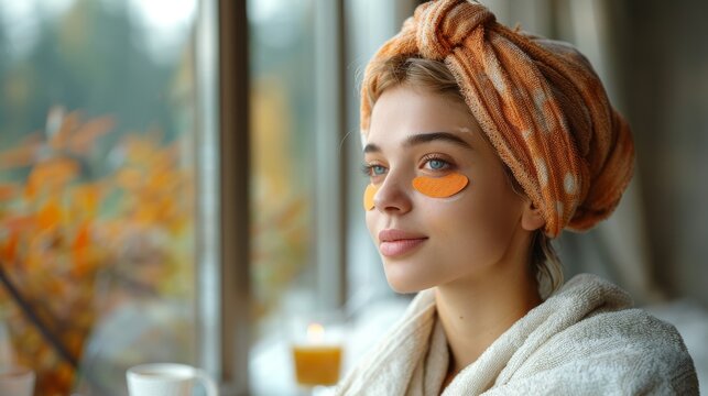 A serene woman enjoys a pampering moment at home, complete with a cozy towel and soothing eye patches, reflecting a sense of relaxation and self-care amidst a tranquil environment.