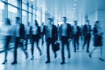 Corporate Rush Long Exposure Shot of Business People Hurrying Through a Bright Modern Office Lobby Blue Tones