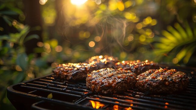 Juicy burgers sizzling on the grill, surrounded by a vibrant garden setting, represent the essence of summer cookouts, evoking feelings of warmth and togetherness in casual dining.