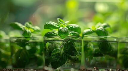 A close-up of vibrant basil plants thriving in clear containers, highlighting the freshness of nature and the connection between gardening and culinary creativity.