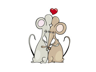 Two adorable mice in a loving embrace with a heart above their heads symbolizing romance and affection