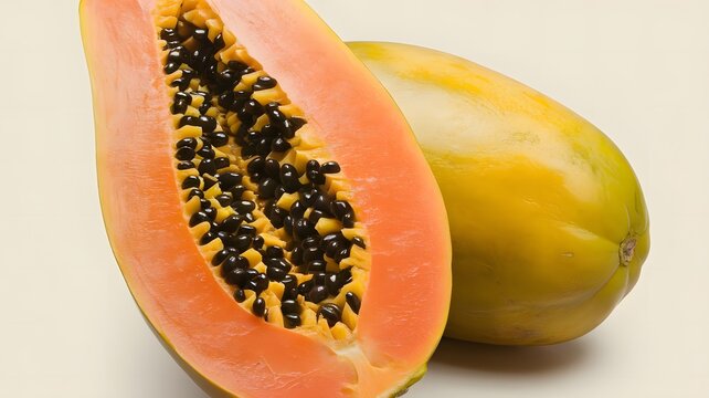 A professional studio-shot photograph of a ripe papaya cut in half, revealing its bright orange fles