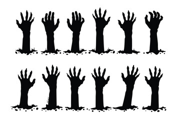 Silhouettes of zombie hands rising from the ground, arranged in two rows. zombie, halloween, zombie hands, hand, Horror-themed