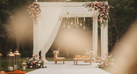 Elegant Outdoor Wedding Ceremony Setup Dreamy White Mandap with Floral Decor and Hanging Lights