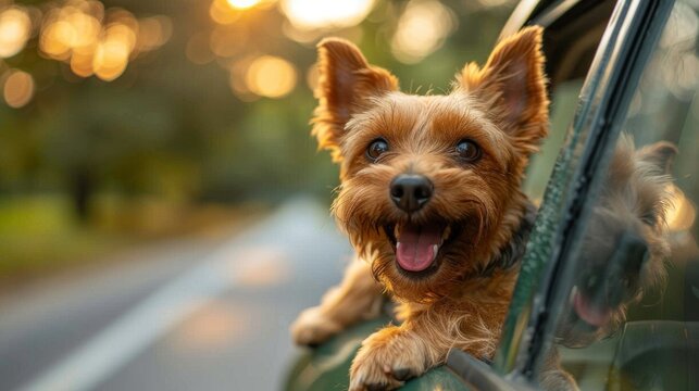 A joyful dog with a big smile sticking its head out of a car window, embodying the carefree spirit of adventure and the bond between pets and their owners.