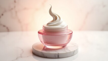 Pink cream jar skincare product beauty treatment on marble surface spa