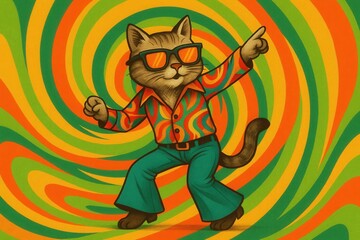 Funky Feline Cool Cat in Retro Outfit and Sunglasses Grooving on a Psychedelic Swirl Background