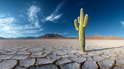Cactus in cracked dry desert landscape