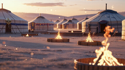 Traditional mongolian ger village illuminated by fires at dusk against a gentle horizon