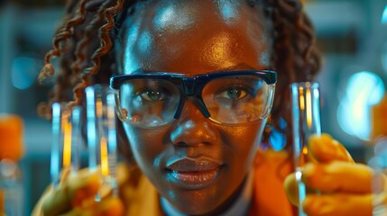 A focused scientist wearing glasses is holding test tubes, surrounded by a modern laboratory filled with vibrant colors, emphasizing scientific exploration and discovery.
