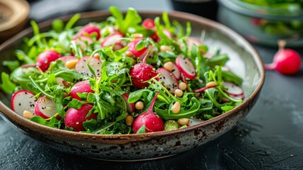 A colorful salad featuring fresh arugula and vibrant radishes, beautifully presented, symbolizes health and vitality, perfect for a refreshing meal.