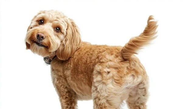 Adorable Cockapoo Dog Posing on a White Background with Playful Expression and Curly Fur