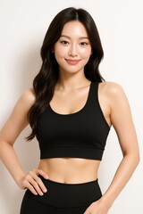 beautiful asian woman in black activewear posing against white background