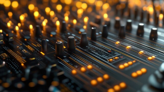 Close-up of a futuristic audio mixing console with glowing controls and circuitry.  Bokeh effect of warm lights surrounds the console