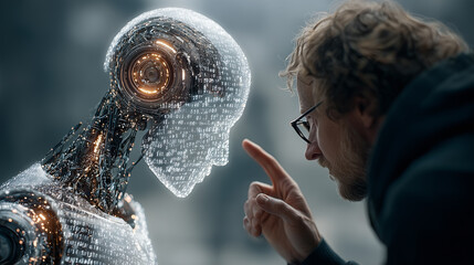 Man wearing glasses is interacting closely with transparent robot head filled with digital code, symbolizing human and artificial intelligence connection and communication