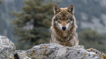 Naklejka premium A realistic image of a wolf in the wild. AI generated.