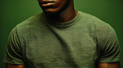 Close up of man wearing green textured t shirt against green background, showing calm and thoughtful mood. fabric detail and lighting highlight casual style