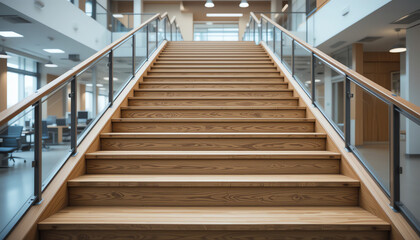 Modern architectural interior featuring elegant wooden staircase with glass railing