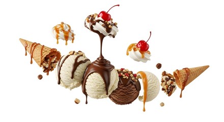Ice Cream Sundae Ingredients Floating Dessert Food Photography isolated on white background 