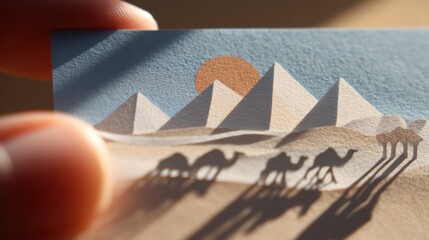 Ancient Wisdom Guiding Modern Paths: Papercut Art of Pyramids, Camels, and Golden Sun in Pastel Card Displayed by Fingers