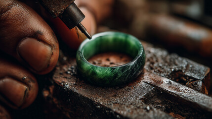 Close up of craftsman hand engraving green jade ring with tool, showcasing detailed jewelry making and skilled craftsmanship in rustic workshop environment