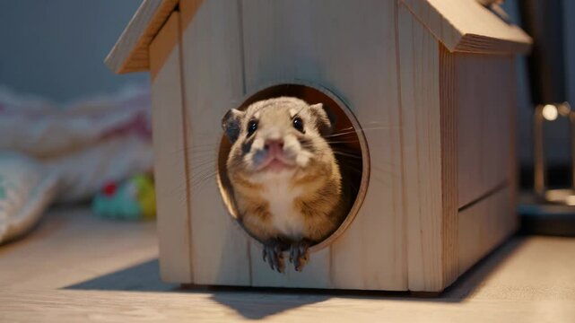 Common degu peeking from wooden house
