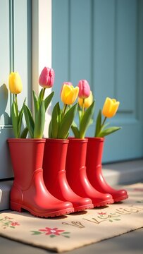 Fototapeta Red rain boots with tulips spring flower decoration home decor ideas