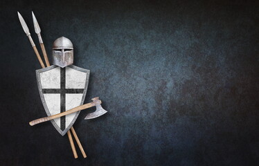 knight's helmet axe shield and two spears on grunge background