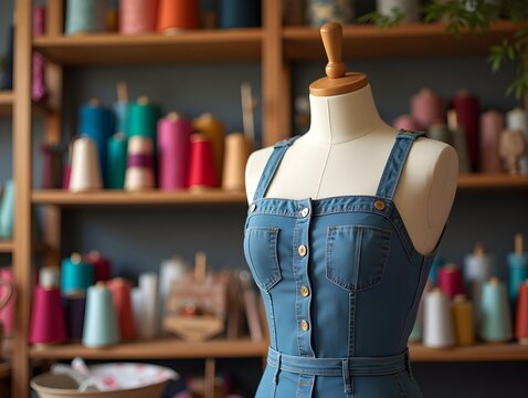 Tailor mannequin in a cozy sewing studio with colorful fabric rolls on wooden shelves. Perfect for fashion design, small business, or DIY creative projects