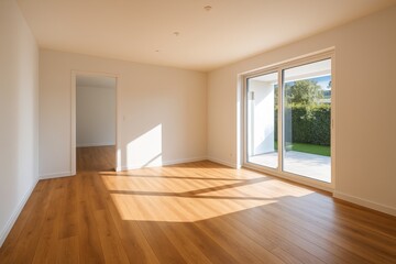 Sunlit Sanctuary Unoccupied Modern Living Room with Wooden Floors White Walls and Sunlight Streaming Through a Sliding Glass Door