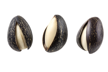 Three job s tears seeds, two partially opened to show the kernel isolated on white or transparent png