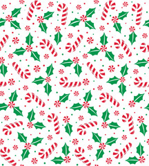 Seamless Christmas Candy Cane With Holly Leaves Pattern For Paper Gift Wrap And Fabric Print