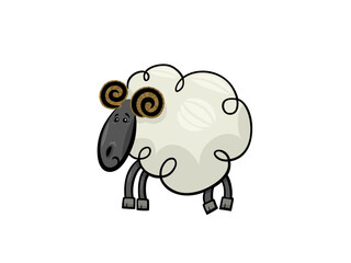 A Fluffy Cartoon Sheep with Curly Horns and a Somber Expression Standing on Four Legs