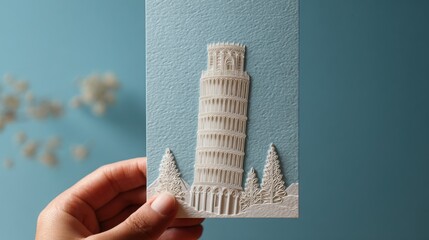 Harmony in Imperfection: Papercut Art of Leaning Tower on Pastel Card with Marble Textures and Soft Sky Background