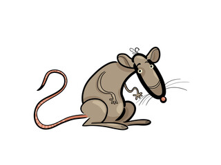 A funny cartoon rat sitting and looking to the side with its long tail curled up