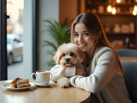 Young woman relaxing with her small fluffy dog at a cozy cafe table, enjoying coffee and dessert in a modern interior with warm natural light and soft colors.
