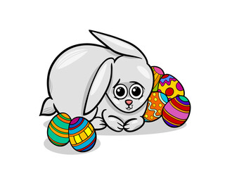 An Adorable Easter Bunny Hiding Behind Colorful Decorated Eggs