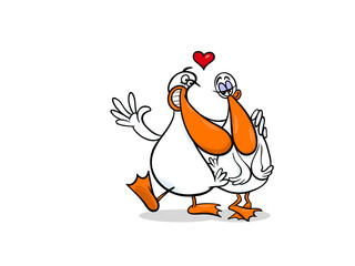 Cute Loving Geese Cartoon Couple with Red Heart Above