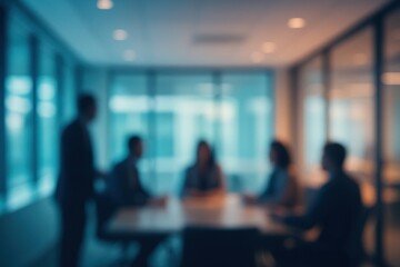 Abstract Blurred Interior of a Modern Office Space with Business People Meeting Around a Table Bathed in Soft Blue and Orange Ambient Lighting Corporate Concept Background