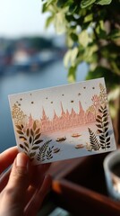 Bangkok Skyline Papercutting: Harmony in Chaos and Calm with Hand Holding Card, Temple Silhouettes, Riverboats in Soft Gold and Blush Pastels