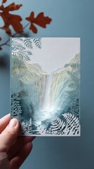 Tranquil Power: Hand Holding Card with Papercut Niagara Falls, Symbolic of Release and Transition