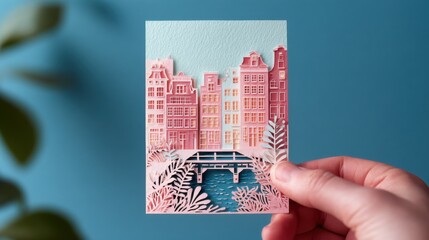 Tranquil Connection - Papercut Art of Amsterdam canal houses and bridges in Soft Pinks and Aquas, Hand Holding Card, Creativity, Fluid Transitions