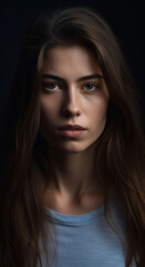 Fototapeta premium A European woman, with straight brown hair, dressed in a plain blue, tight shot on her face and shoulders, her face etched with sadness, eyes red-rimmed and teary, lips pursed in pain