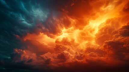 Fototapeta premium A dramatic sky showcasing swirling clouds illuminated with fiery hues at dusk, evoking feelings of awe and wonder in the beauty of nature's dramatic displays.