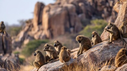 A large troop of monkeys resting on rocks in a natural African setting, showcasing their social behavior and lively group dynamics.

