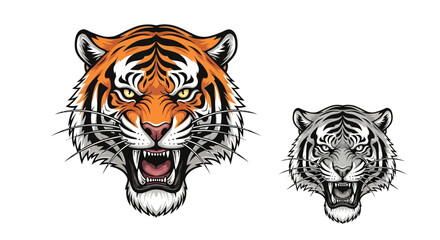 Two Tiger Heads: One Orange and Black, One Gray and Black