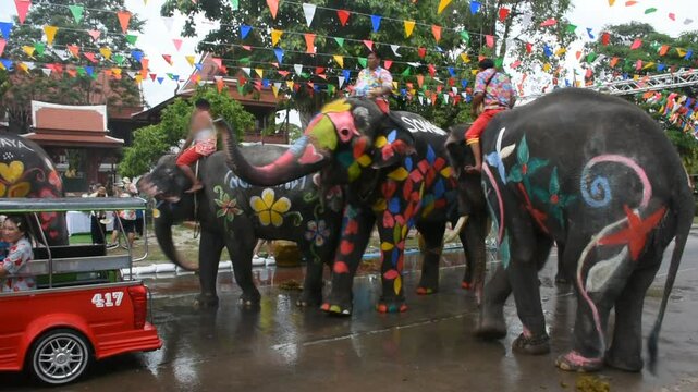 Local thai people and travelers journey to travel visit playing splashing or fights water with elephants in famous Songkran Festival or Celebrate thai new year on April 13, 2025 in Ayutthaya, Thailand