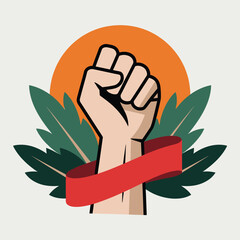 A raised fist with a red ribbon, surrounded by green leaves, symbolizes strength and unity
